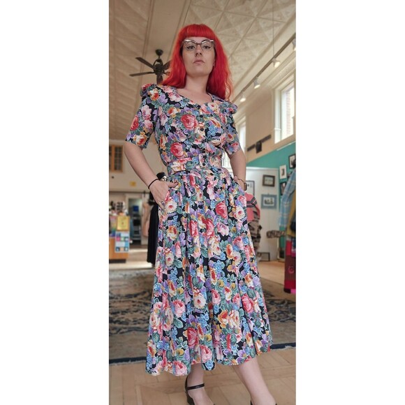 VTG 1980s RGY Black Colorful Cabbage Rose Basque Waist Princess Cotton Sundress - Picture 11 of 11